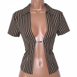 New XS Brown Pin stripe Short Sleeve Open Front Crop Top‎ Metal Clasp Closure